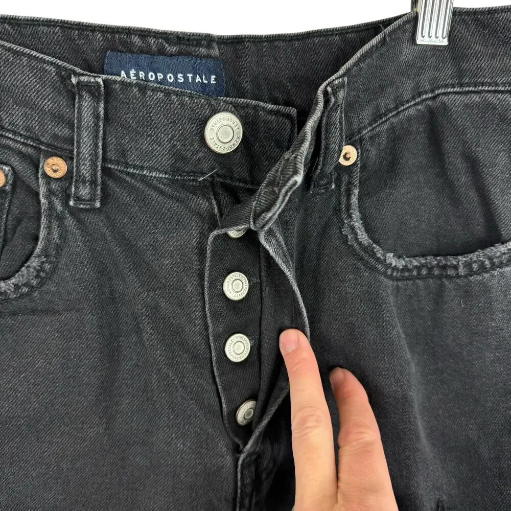 Aeropostale 90s Baggy Black Cotton High Rise Distressed Button Fly Jeans Retro 4